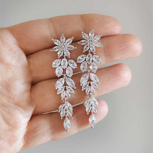 Floral Leaf Clear Stone Long Drop Earrings Metal Jewelry Design
