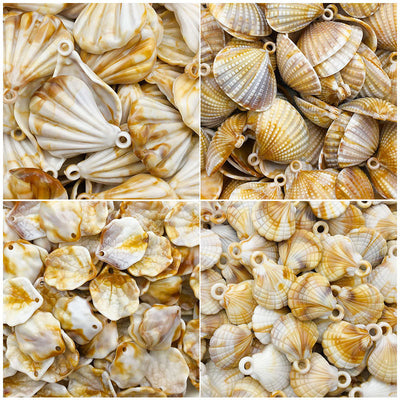 Multicolor shell charms arranged on a light background