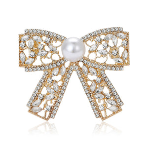 Openwork Bow Brooch with Pearl Center in Four Color Finishes