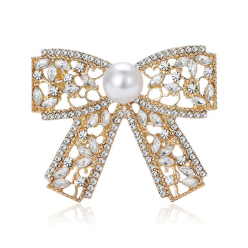 Openwork Bow Brooch with Pearl Center in Four Color Finishes