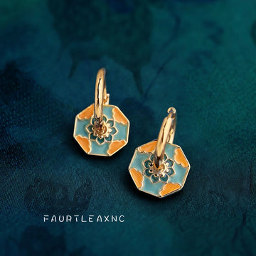 Gold Huggie Earrings Teal Orange Enamel Octagon Disc Pair