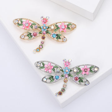 Floral Enamel Dragonfly Brooch with Crystal Tail Clothing Pin