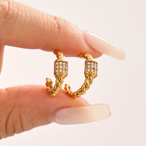 Twisted Rope C Hoop Earrings Gold Steel Zircon Cube Pave