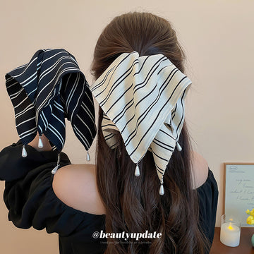 Black Or Ivory Striped Square Scarf Hair Claw And Ponytail Tie Options