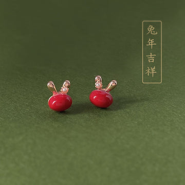 Red Glaze Bunny Head Stud Earrings Rose Gold Ear Accents