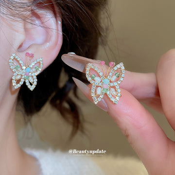 Pastel Crystal Butterfly Stud Earrings With Gold Tone Frames