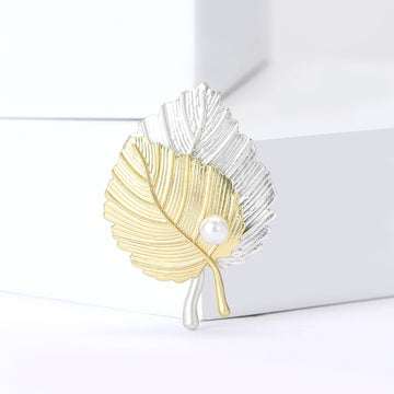 Two Tone Matte Gold Silver Leaf Brooch Pearl Accent Pin