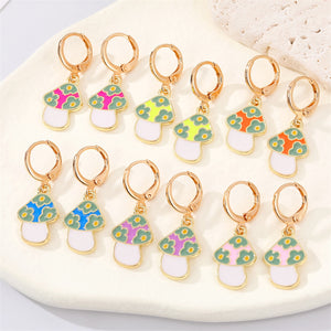 Gold Tone Enamel Flower Mushroom Huggie Drop Earrings in Six Colors
