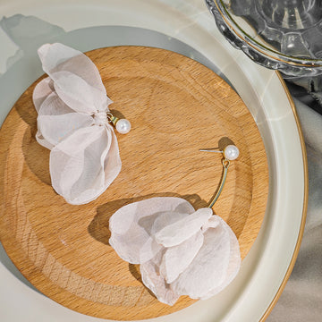Asymmetric Sheer Fabric Flower Pearl Stud Drop Earrings