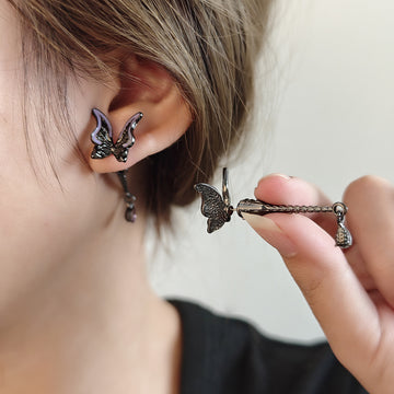 Purple and Black Butterfly Gothic Chain Stud Earrings