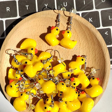 Yellow Mini Rubber Duck Drop Earrings Silver Hooks