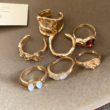 Mixed Texture Sculptural Open Ring Seven-Piece Gold Silver Sets