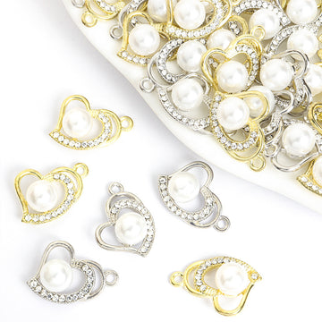 Pearl Center Crystal Heart Charms in Gold and Silver Tones