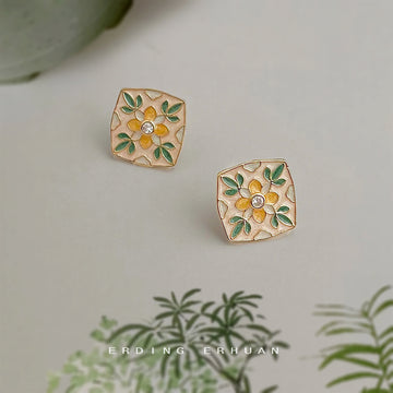 Gold Enamel Square Floral Yellow Green Cream Stud Earrings