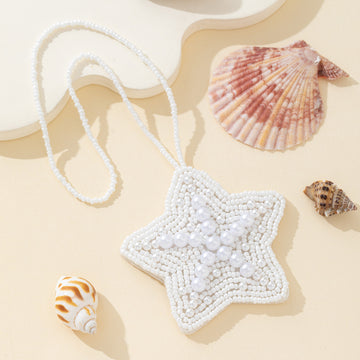 White Faux Pearl Star Charm Pendant Beaded Rope Necklace