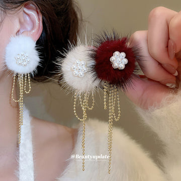 Fluffy Pom Pom Pearl Cluster and Gold Chain Drop Earrings