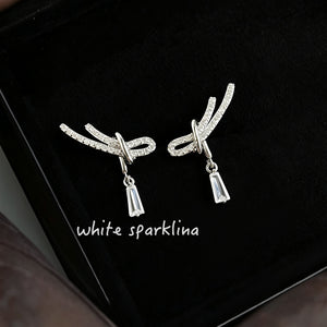 Silver Tone Clear Stone Rope Knot Bow And Teardrop Stud Earrings