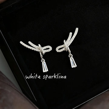 Silver Tone Clear Stone Rope Knot Bow And Teardrop Stud Earrings