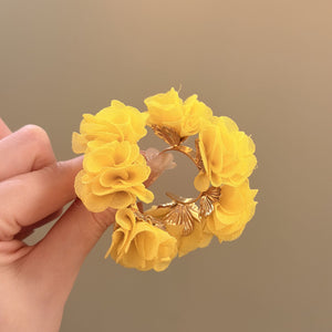 Fabric Flower Hoop Earrings in Yellow and Aqua Fashion Jewelry