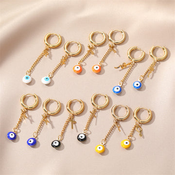 Gold Hoop Evil Eye Chain Drop Earrings 6 Charm Colors