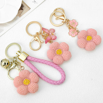 Pink Knit Texture Flower Keychain With Bell And Key Ring