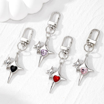 Silver Tone Star Cross Crystal Heart Clip Keychains in Four Colors