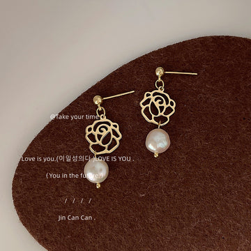 Gold Openwork Rose Drop Earrings White Baroque Pearl Ends