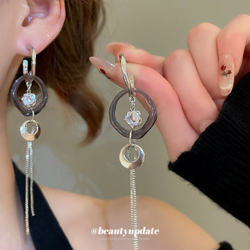 Silver Circle And Crystal Drop Earrings With Chain Tassels