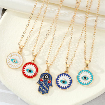 Gold Tone Colorful Enamel Evil Eye and Hamsa Pendant Necklaces