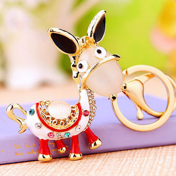 Jeweled Donkey Keychain with White Enamel and Red Leg Accents