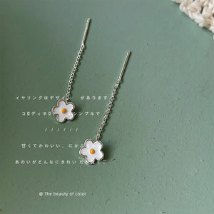 Silver Flower Threader Earrings White Enamel Yellow Center