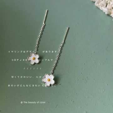 Silver Flower Threader Earrings White Enamel Yellow Center
