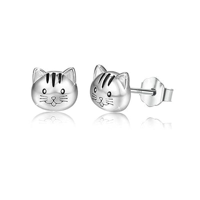 Pair of silver cat face stud earrings showing front and butterfly back