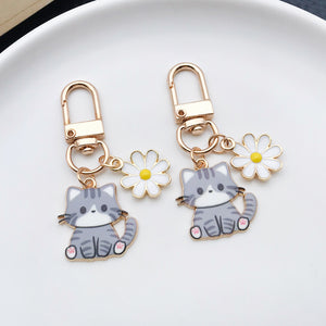 Gray Cat and White Daisy Enamel Clip Keychain Eight-Style Collection