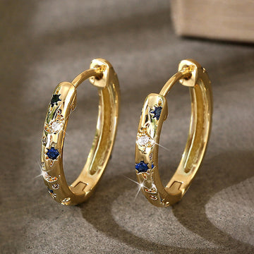 Gold Tone Star Moon Blue Clear Stone Huggie Hoop Earrings