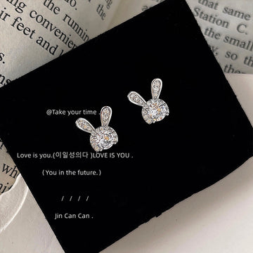 Silver Crystal Bunny Rabbit Stud Earrings Clear Pave Pair