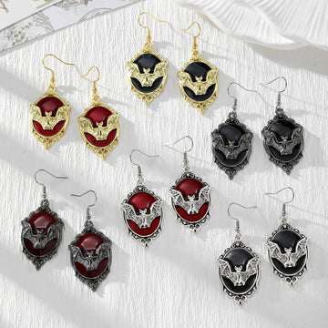 Gothic Bat Portrait Medallion Drop Earrings in Six Finishes