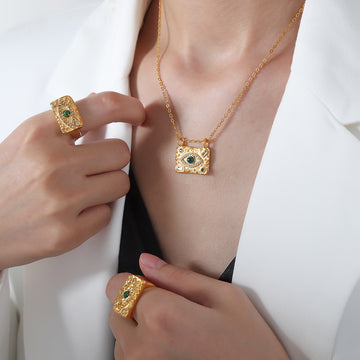 Gold Evil Eye Square Pendant Necklaces and Textured Rings
