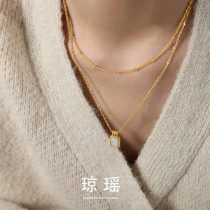 Gold Double Layer Rectangular Shell Pendant Chain Necklace