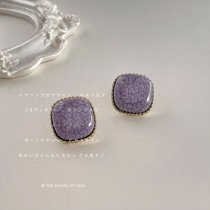 Purple Crackle Glaze Square Stud Earrings Gold Beaded Rim
