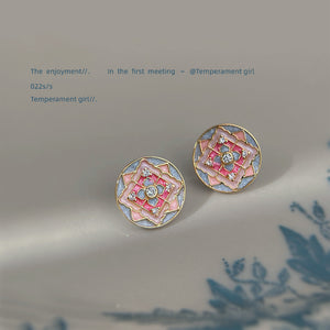 Gold Tone Pink Green Patterned Round Medallion Stud Earrings