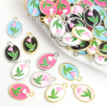 Enamel Tulip Oval Jewelry Components For DIY Earrings And Bracelets Charms