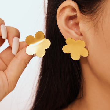 Five Petal Flower Stud Earrings Brushed Titanium Steel Gold Steel