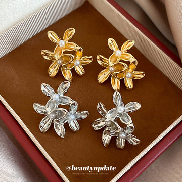 Sculpted Flower Stud Earrings in Gold and Silver Tones