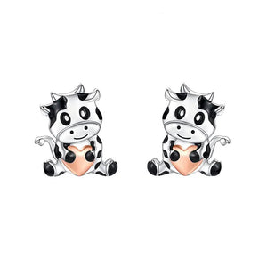Black and White Cow Stud Earrings with Peach Accents