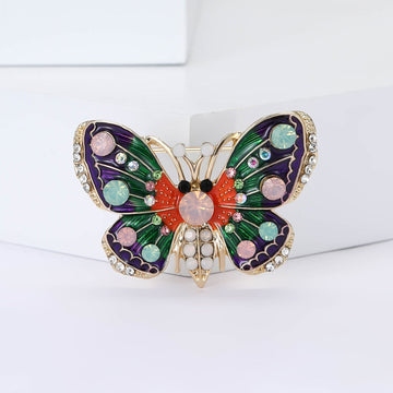 Enamel Butterfly Brooch Purple Green Orange Rhinestone Pearl