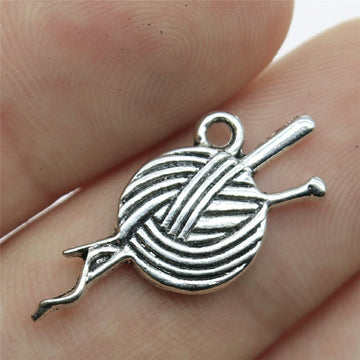 Yarn Ball and Knitting Needles Metal Pendant in Silver Tone