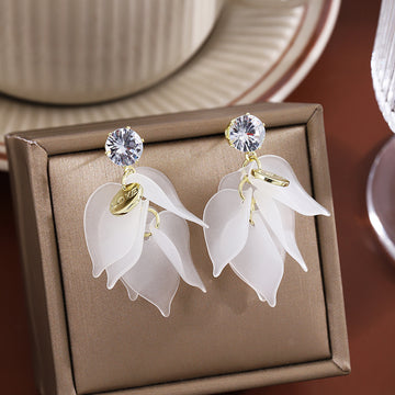 Gold Crystal Stud Earrings Frosted Petal LOVE Charms