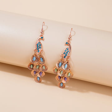 Rose Gold Peacock Fan Multicolor Long Stud Earrings