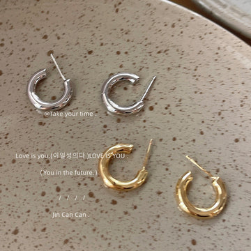 Thick Smooth C Shape Hoop Stud Earrings Gold Silver